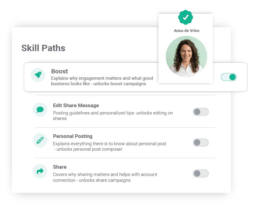 Employee profile showing multiple completed skill paths with badges for Boost, Share, and Edit