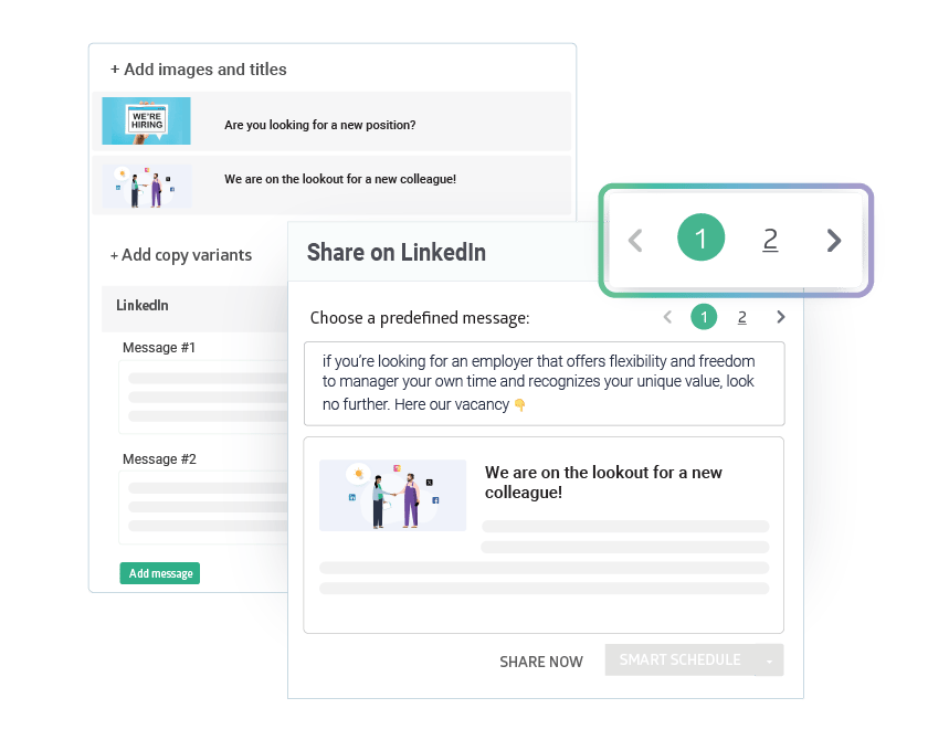 Ambassify campaign editor with multilingual tabs and alternative caption variants ready to launch.