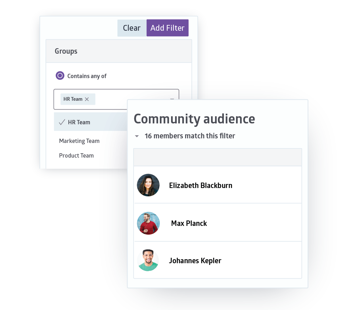 Dynamic audience segment builder filtering employees by department and language in Ambassify.