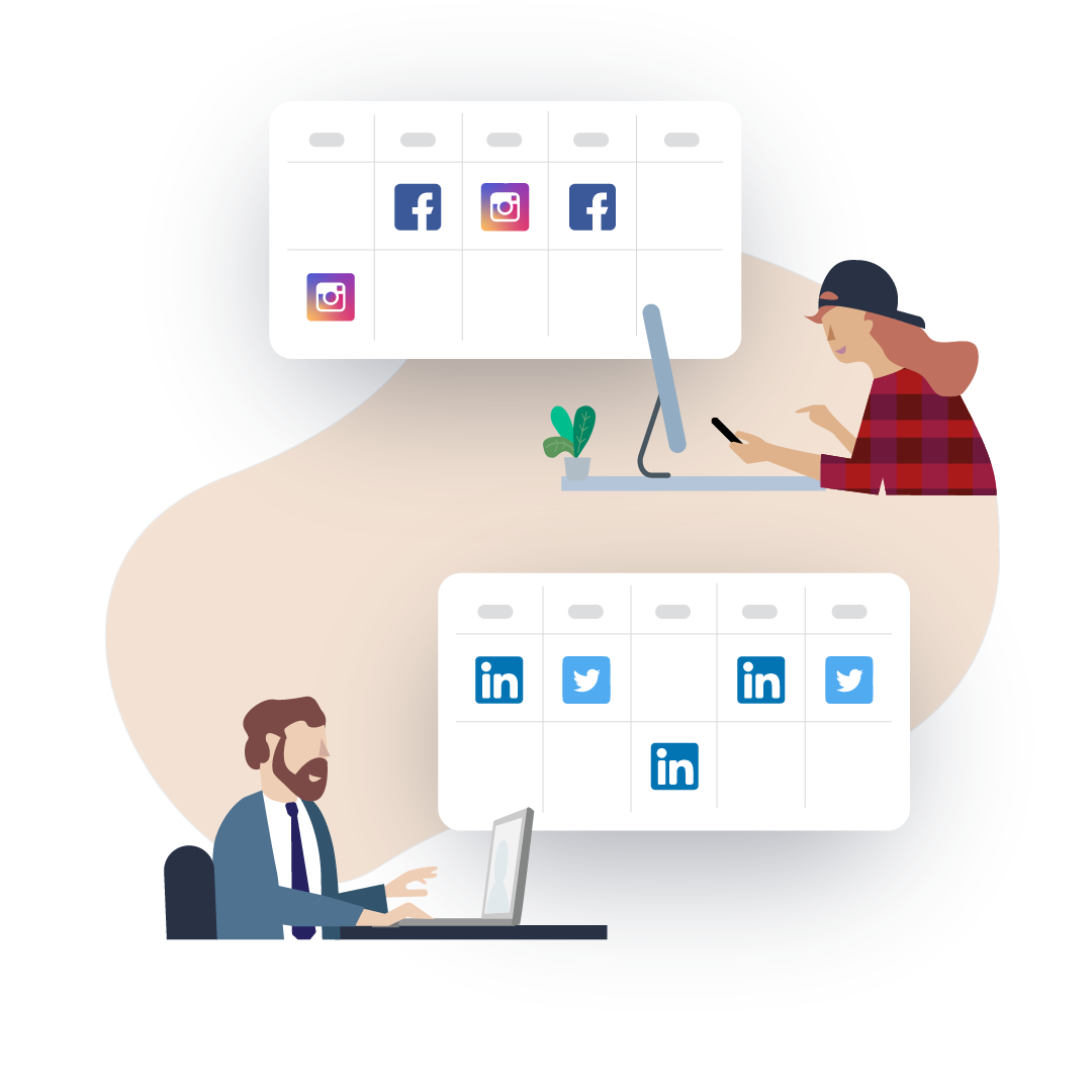 Drawing representing users scheduling their posts